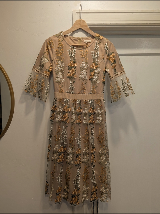bohme Dresses & Skirts - bohme Beige Midi Dress with Yellow & White Floral Embroidery
